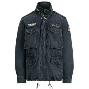 Polo Ralph Lauren Navy Blue USA Flag Military Patch Denim Jacket mockneck Sz M